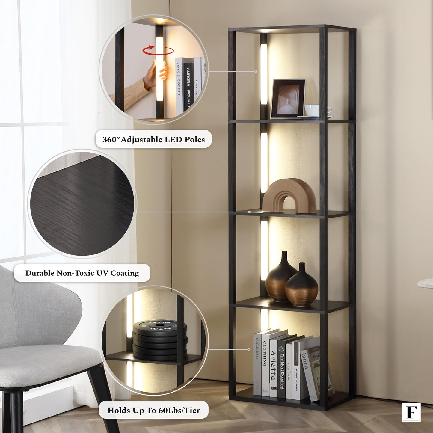 FENLO LED Floor Lamp with Shelves Fancy Pro, Dimmable Display Shelf Lamp with Color Temperature Control, App & Remote, Bright Long-Lasting Integrated LED