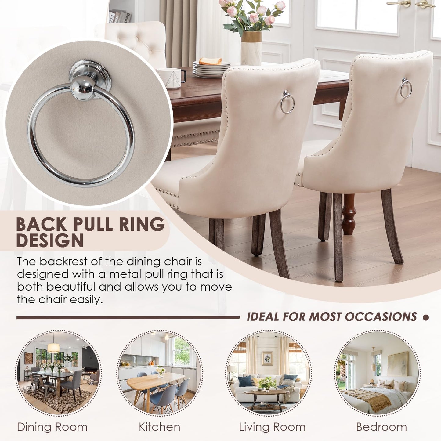 Kiztir Velvet Dining Chairs Set of 4, Upholstered Dining Room Chairs with Ring Pull Trim and Button Back, Luxury Tufted Dining Chair for Living Room, Bedroom, Kitchen (Beige)