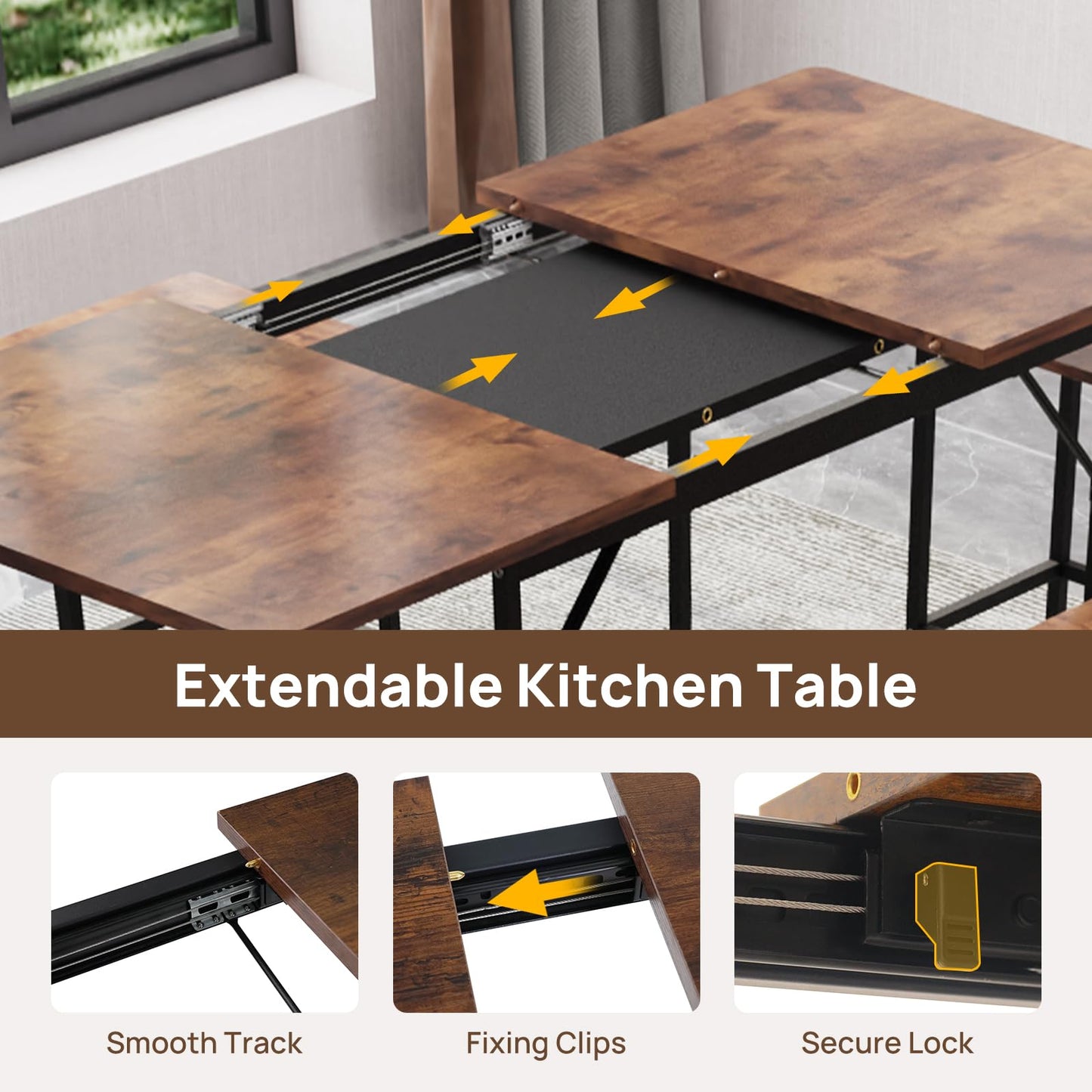 amzzar 5 Piece Dining Table Set for 4-6, 63" Extendable Dining Room Table with 2 Benches & 2 Stools, Farmhouse Kitchen Table and Chairs with Metal Frame & MDF Board,Space-Saving, Rustic Brown