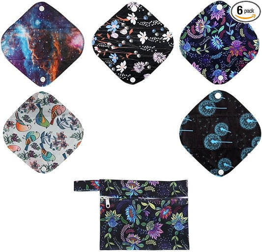 5 Cloth Menstrual Pads 1 Wet Bag XS Panty Liners Reusable Washable (Retro Floral, XS Panty Liners)