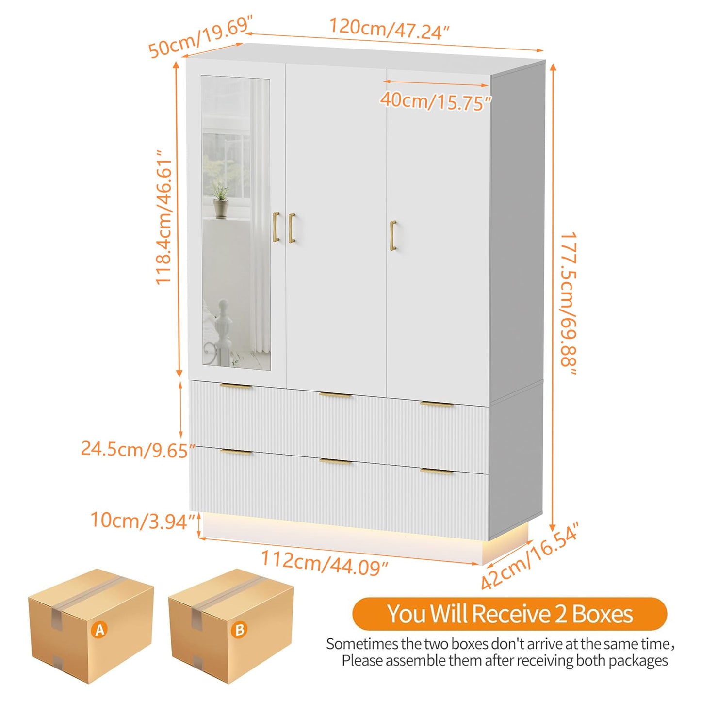 PAKASEPT Armoire Wardrobe Closet with 3 Door, Bedroom Armoires with Mirror and LED Lights, Hanging Rod, Drawers, Large Capacity Storage Wardrobe Armoire for Bedroom