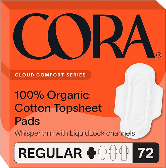 Cora 100% Organic Cotton Topsheet Pads | Ultra Thin Period Pads with Wings | Regular Absorbency | Ultra-Absorbent Sanitary Pads for Women (72 Count)