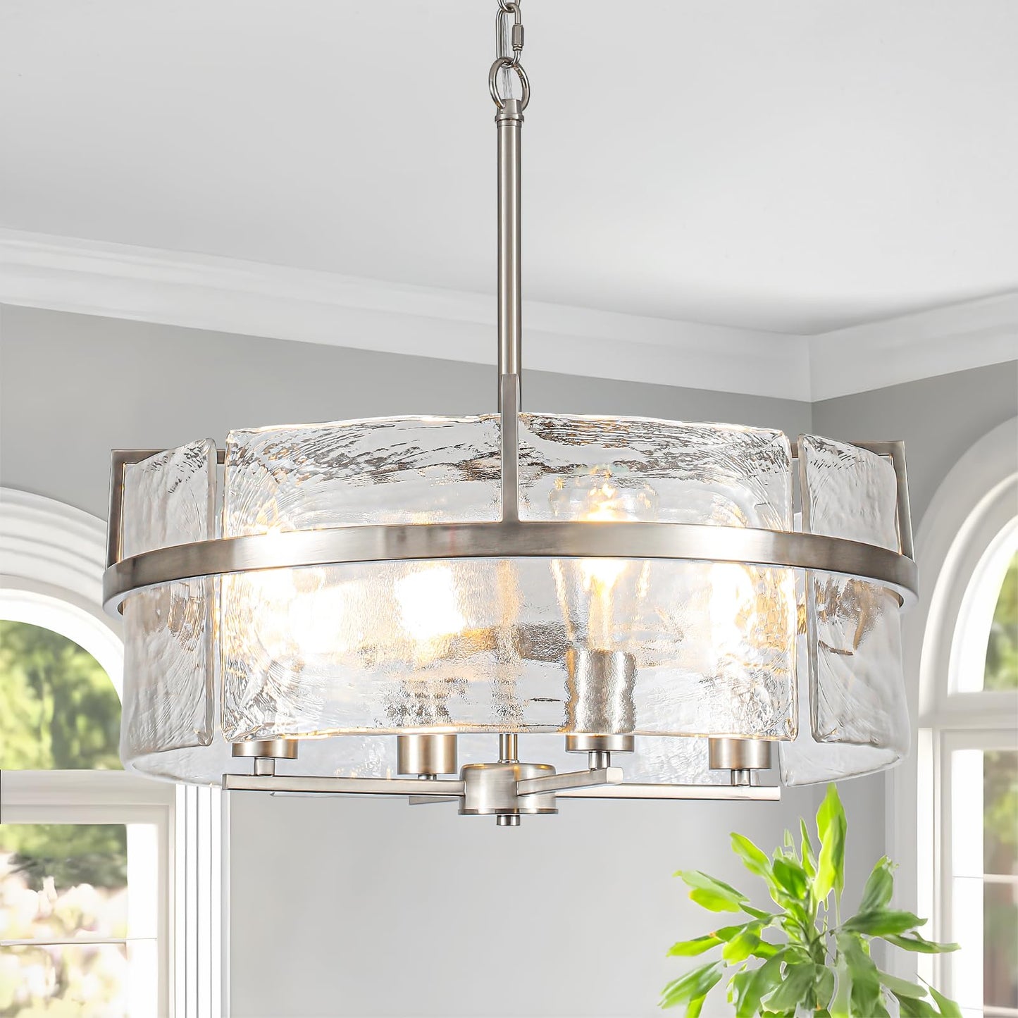 DWLGIGH Modern Drum Chandeliers for Dining Room,19.7" Water Ripple Glass Chandelier Over Table Brushed Nickel Crystal Pendant Light Fixtures for Hight Ceiling Living Room Entryway Bedroom Kitchen,E26