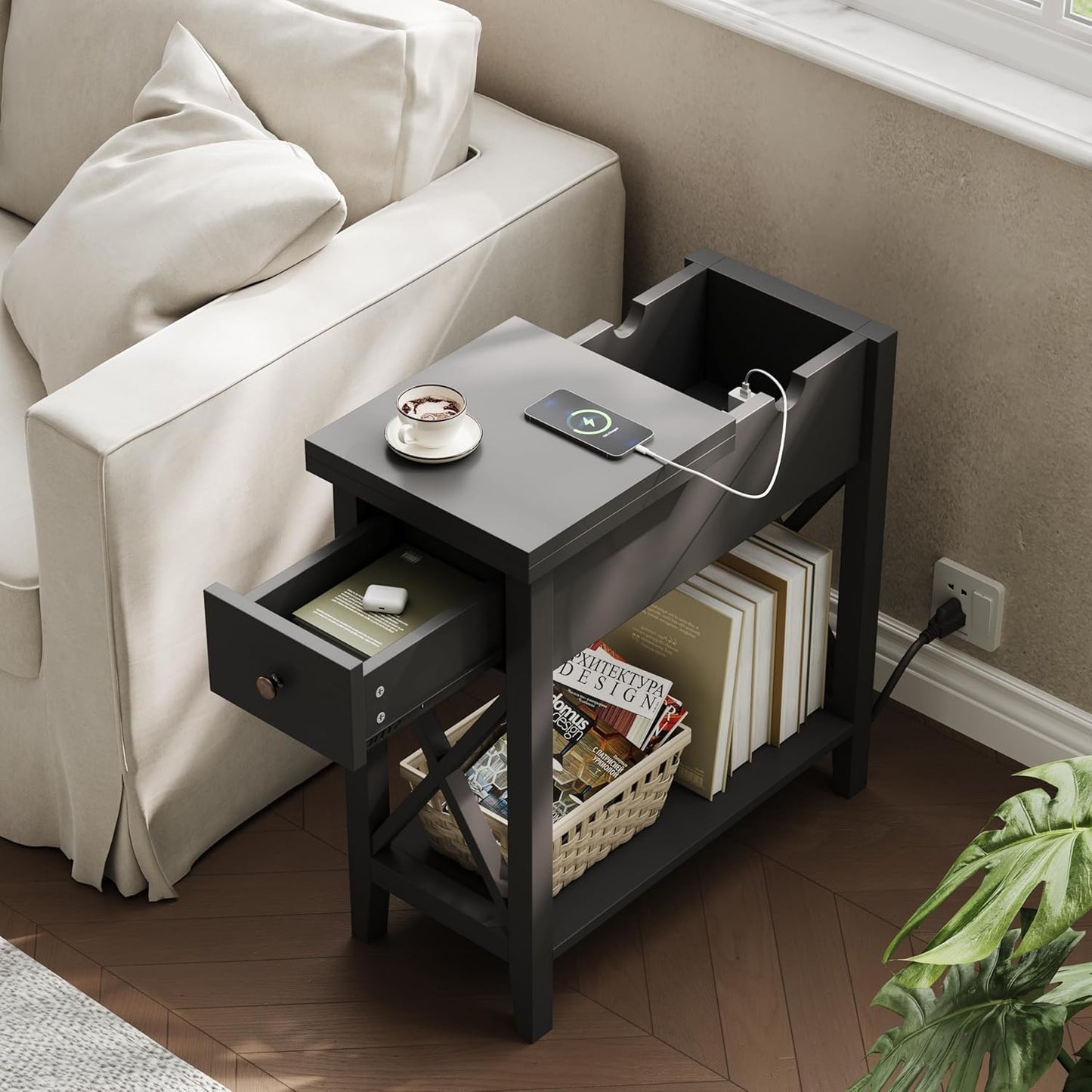 ChooChoo End Table Set of 2 with Charging Station, Narrow End Table with USB Ports and Outlets, Small Side Table Nightstand with Drawer for Living Room, Bedroom, Black