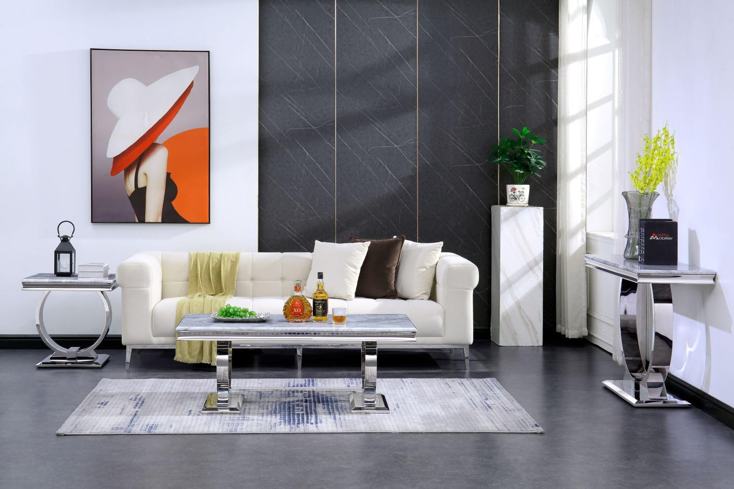 Asday Silver End Table, 22" Modern Glam Grey Square Side Table with Mirrored Stainless Steel U-Base for Living Room