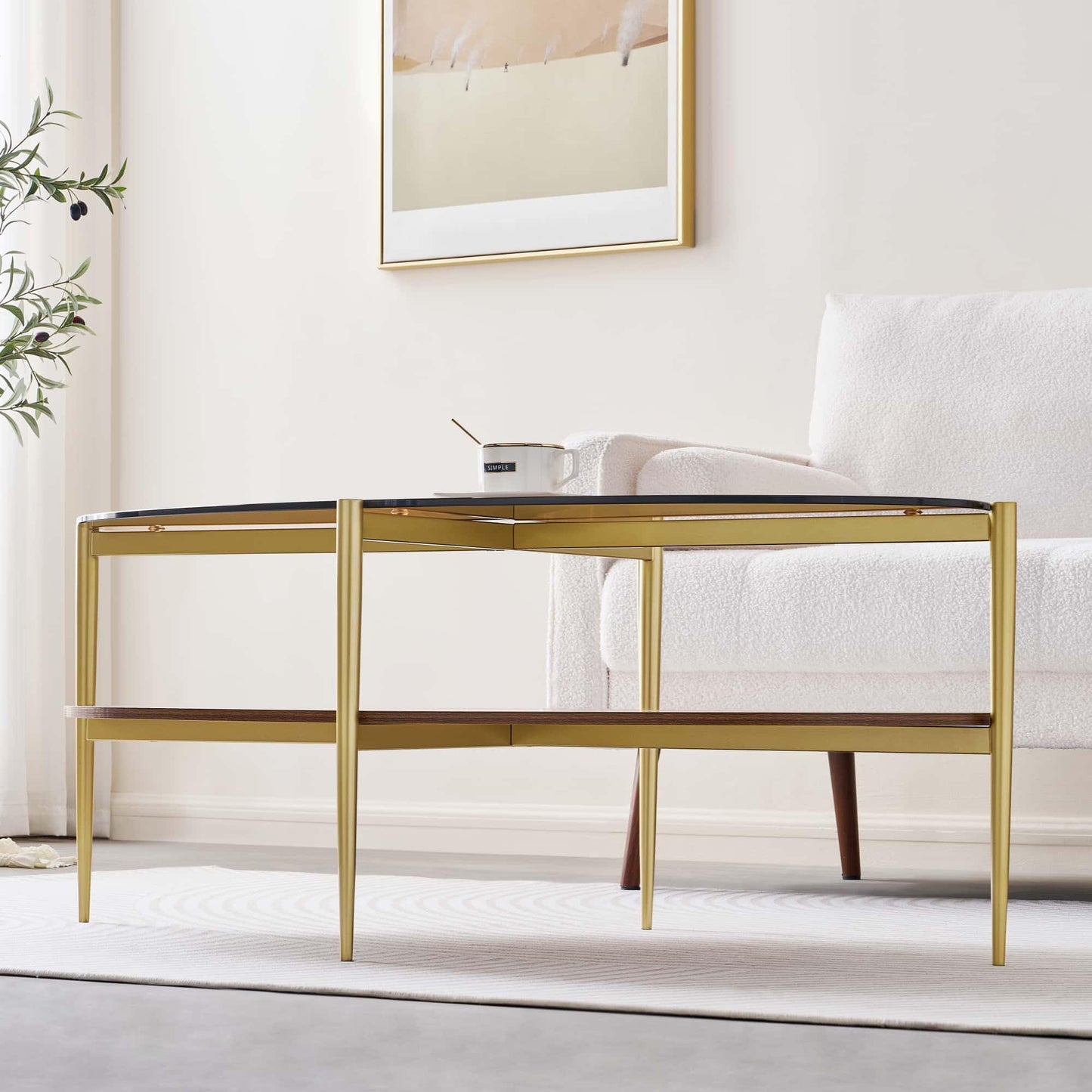 LumFurn Oval Glass Coffee Table, Mid-Century Modern Design, L43 x W22 x H17 inch, 2-Tier Structure, Olive Shaped Amber Glass Top and Walnut Finish Wood Shelf, Tapered Legs with Gold Finish Frame