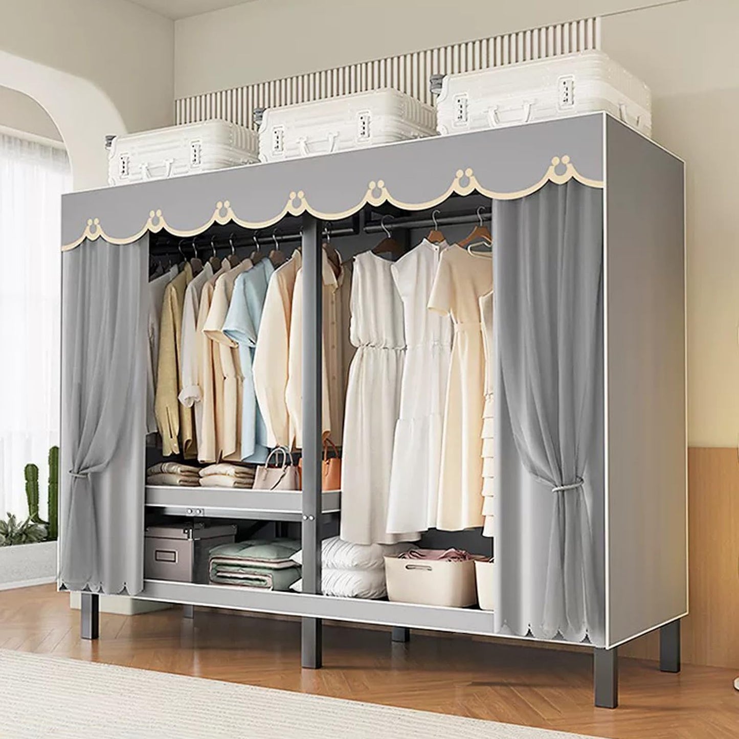 Dawselod Foldable Clothe Rack with Cover Heavy-Duty Portable Wardrobe Closet for Bedroom Armoires Freestanding Clothing Coat Storage Rack Garment Rack for Hanging Clothes (125cm/49.2in(Full Hanging))