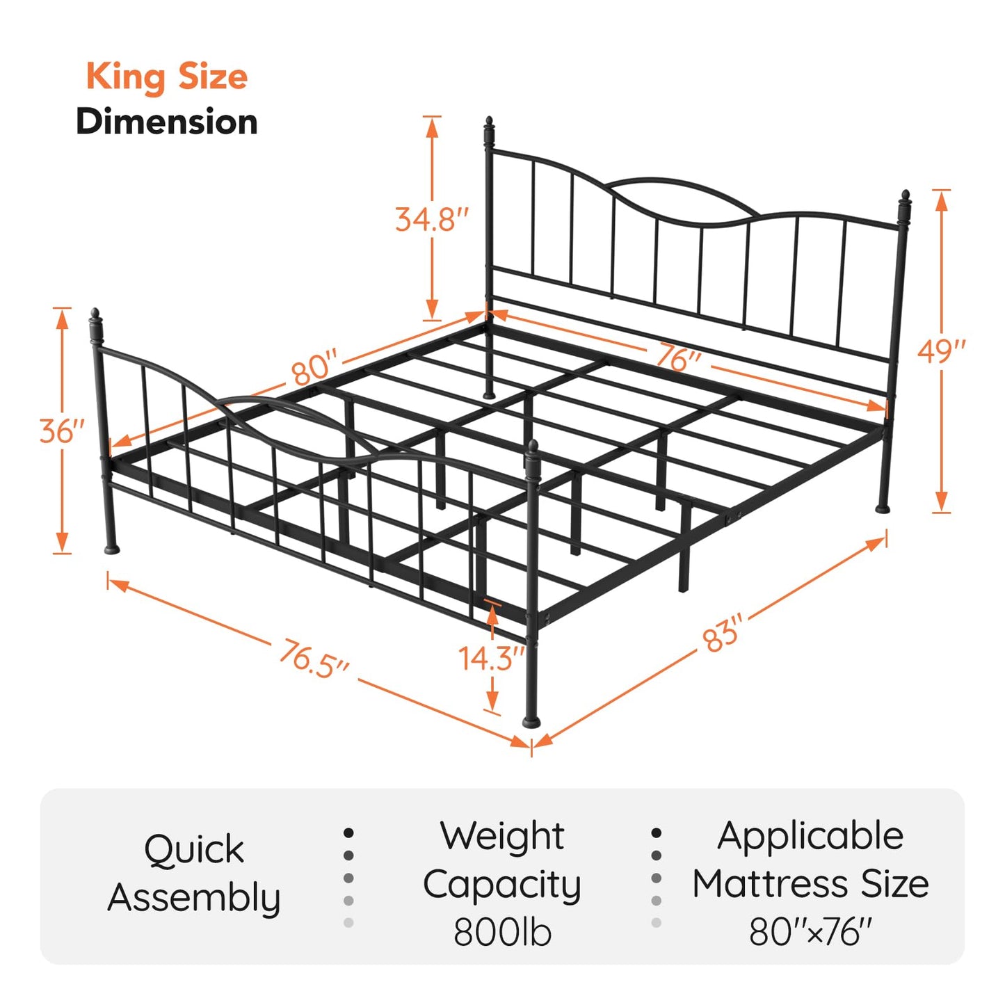 Florise King Size Bed Frame with Headboard,Metal Platform Bed Frame Mattress Foundation with Footboard, Under Bed Storage, Strong Metal Slats Support, No Box Spring Needed, Black