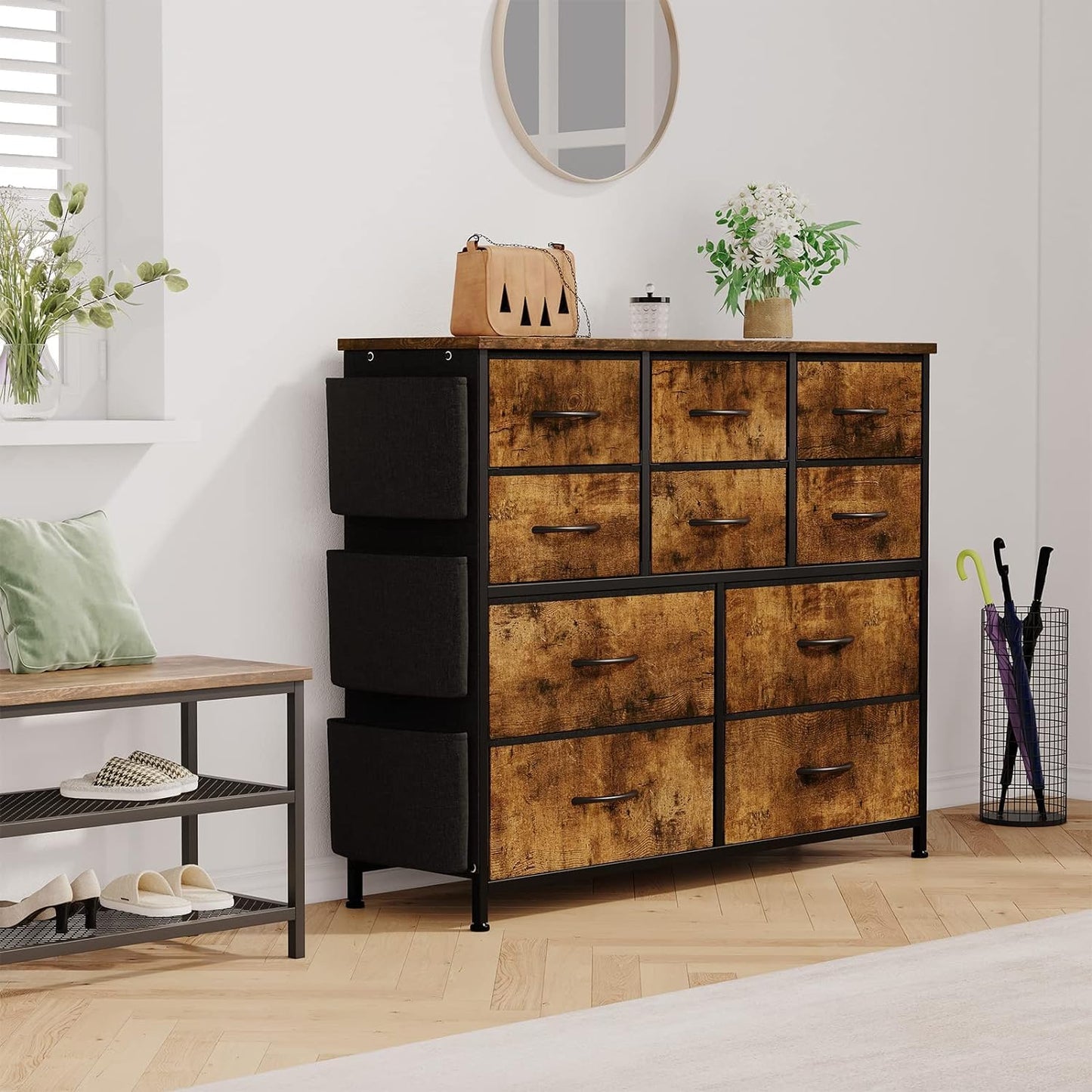 Dresser for Bedroom, 10 Drawers Fabric Storage Drawer, Dressers & Chest of Drawers with Side Pockets, Hooks, Wood Tabletop for Closet, Living Room, Hallway (Brown)