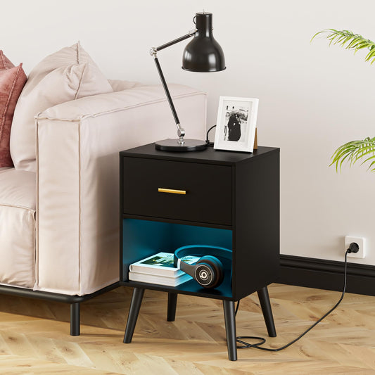 Aienvey Nightstand with Charging Station and LED Lights, Small Side Table, Bedside Table with Drawer, Modern Night Stand, End Table for Bedroom, Living Room (Black)