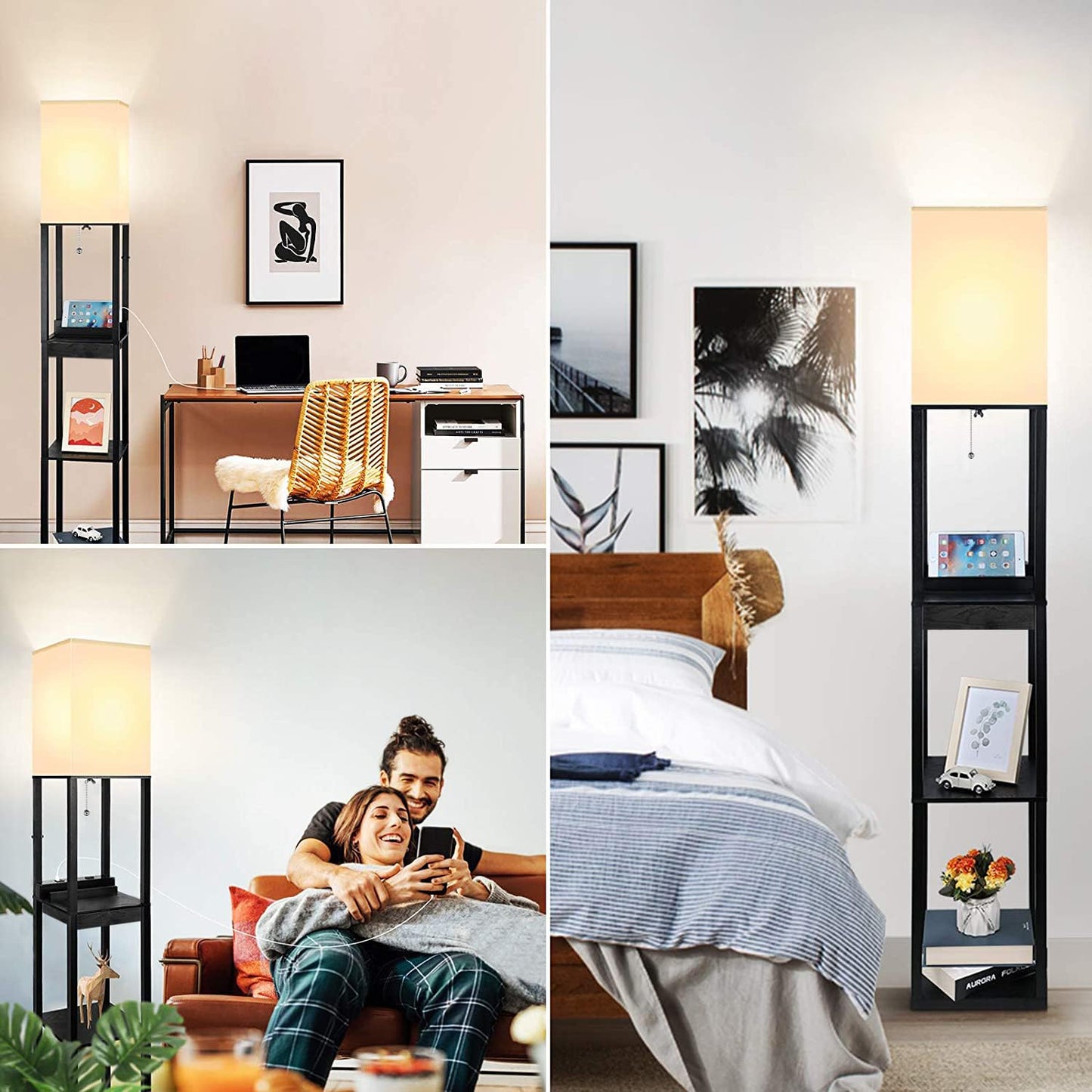 Assemer Shelf Floor Lamps for Living Room,Tall Standing Lamp with Shelves and Drawer,2 USB Charging Ports & 2 Power Outlet,Bright 3CCT LED Bulb Included - Black