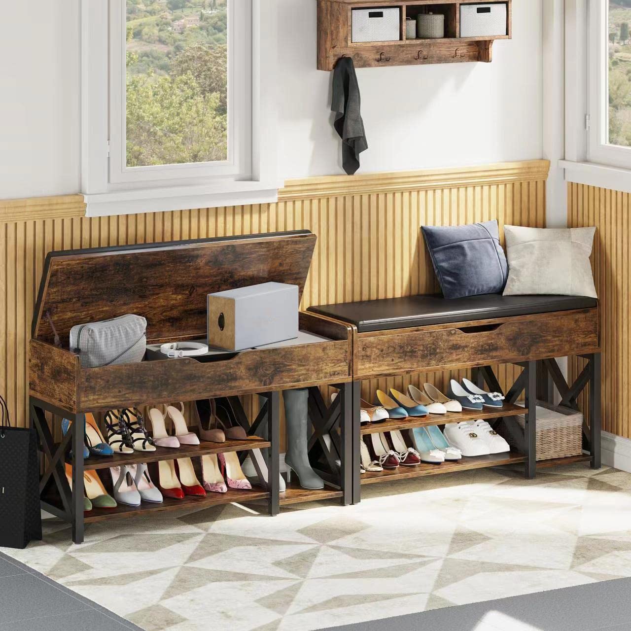 astimey Shoe Bench, Lift Top Shoe Storage Bench, Adjustable Shelf Entryway Bench, Metal and Wood Shoe Rack Organizer with Cushion for Entry, Bedroom, Closet, Living Room, Hallway (Brown, 35.5“W)