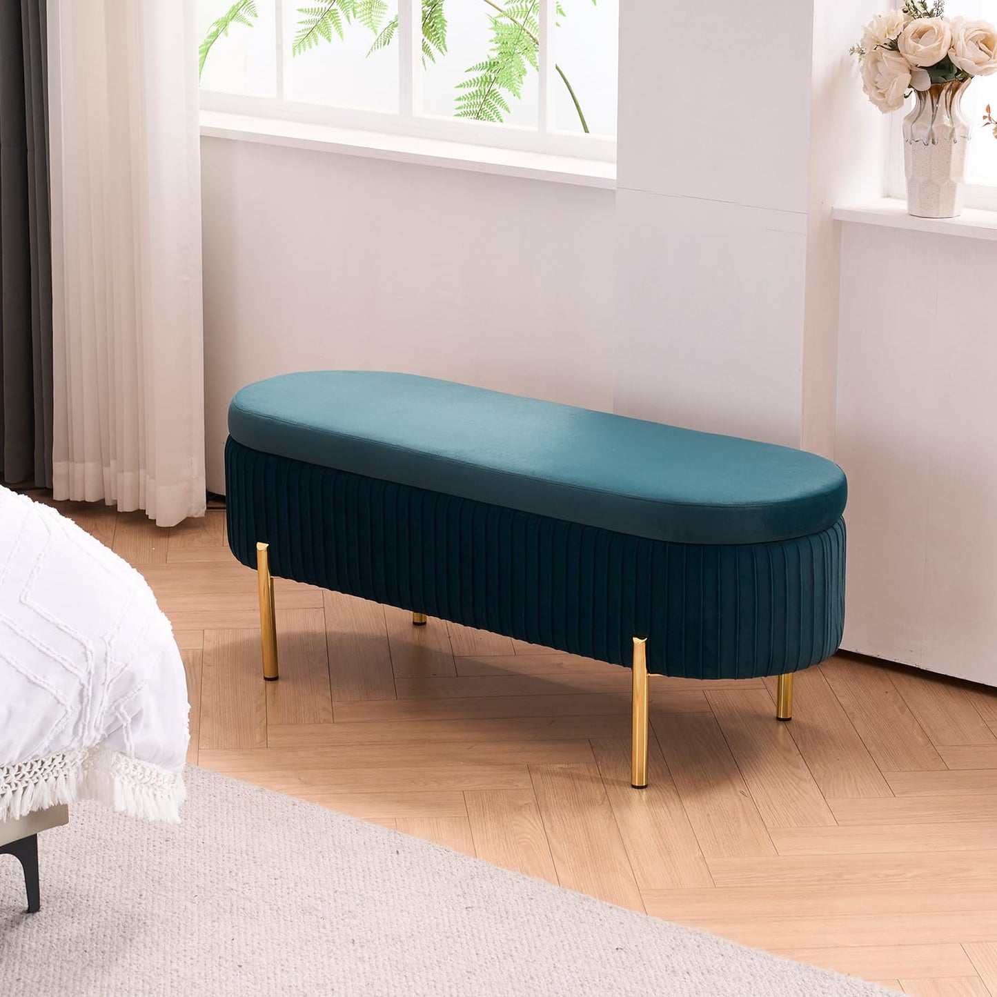 AIITTCC Velvet Storage Bench for Bedroom Upholstered End of Bed Bench Modern Ottoman with Gold Legs for Living Room/Window/Entryway (Teal/Blue-Green, Oval-45.5" W)