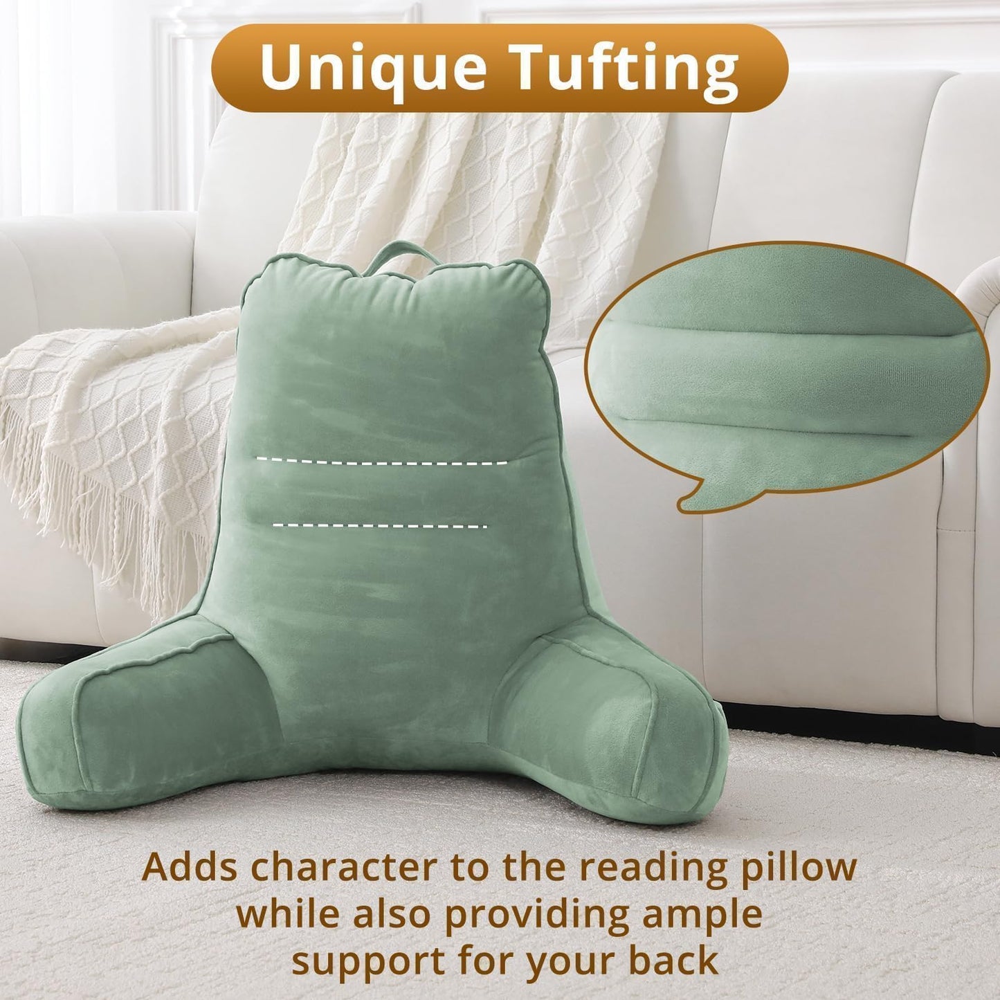Sasttie Reading Pillow for Bed - 23 Inch, Back Pillow for Bed Sitting Up, Back-Rest Support Cushion with Side Pockets and Arms, Dorm Essentials, Oeko-Tex Certified, Sage