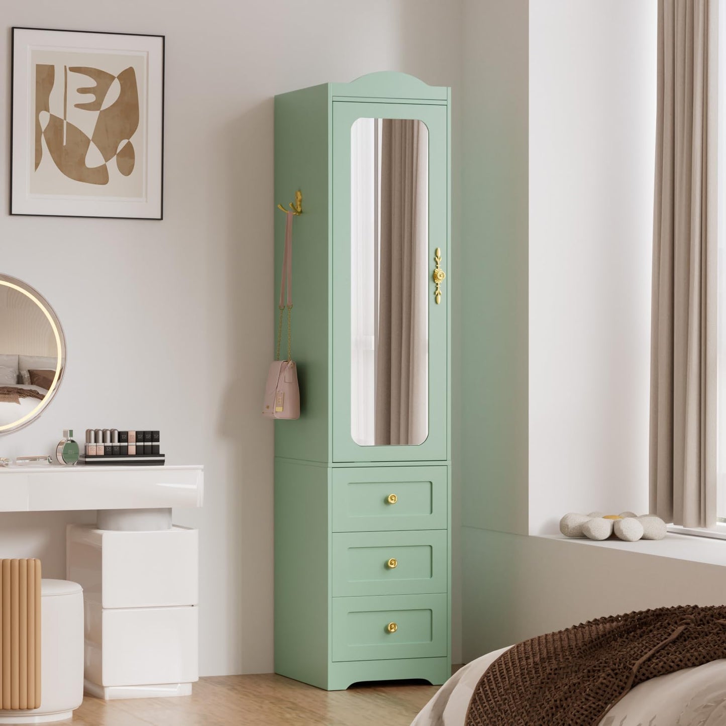 JanflyHome Armoire Wardrobe Closet, 69.5" H Wood Bedroom Armoires Cabinet with Mirror Door and 3 Drawers, Green Clothing Storage Cabinet with Hanging Rod & Sensor Light for Bedroom-Left