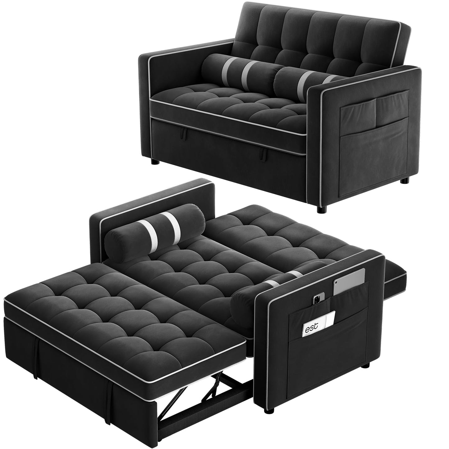 Pipishell 3 in 1 Convertible Sleeper Sofa Bed,Pull Out Couch for Living Room with USB Ports & Side Pockets,Adjustable Backrest,Velvet,Loveseat Sofa Bed,Futon Couches,Black