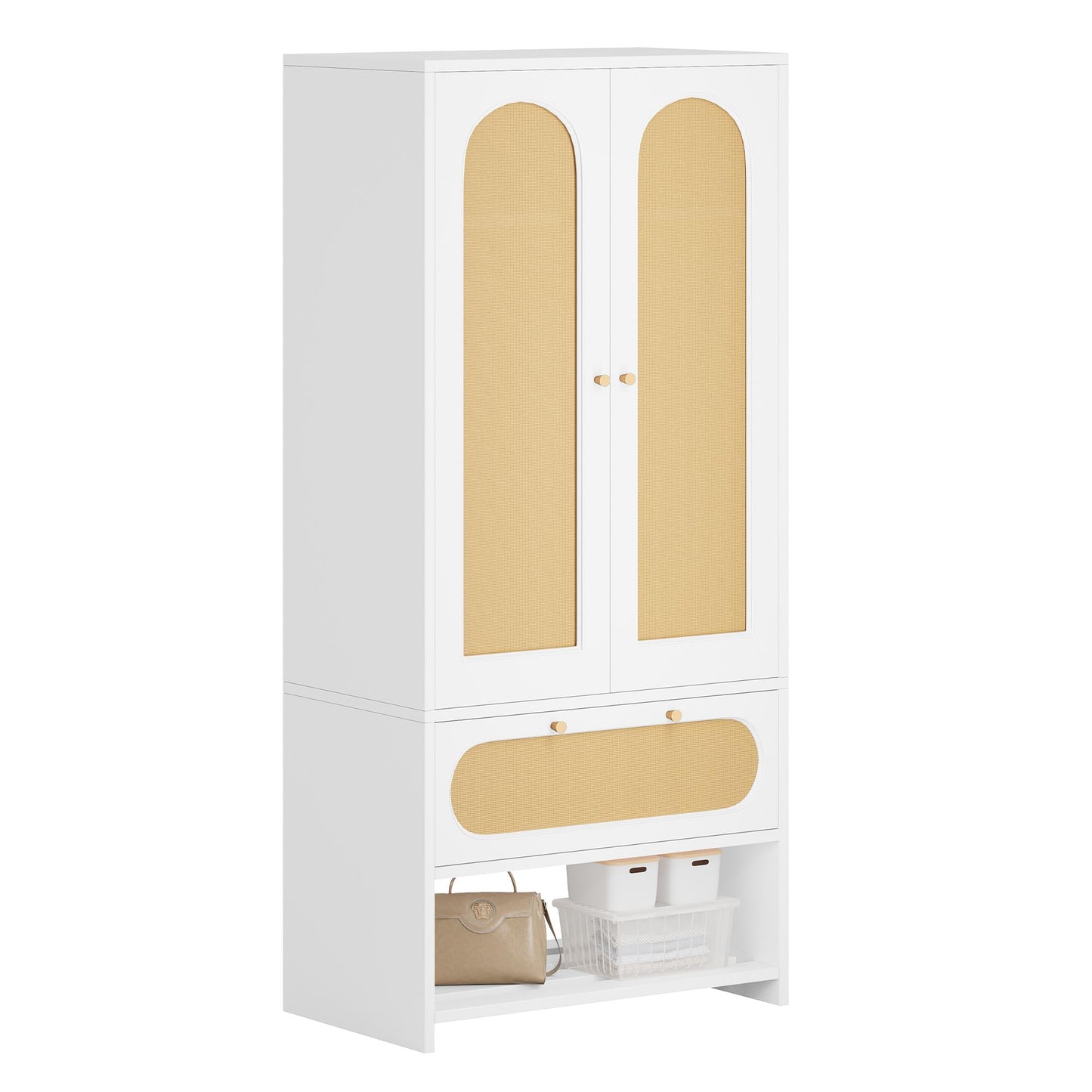 YITAHOME Rattan Wardrobe Closet Set of 2 70" Tall Rattan Armoire with Doors, Large Storage Cabinet with Drawers & Hanging Rod-White