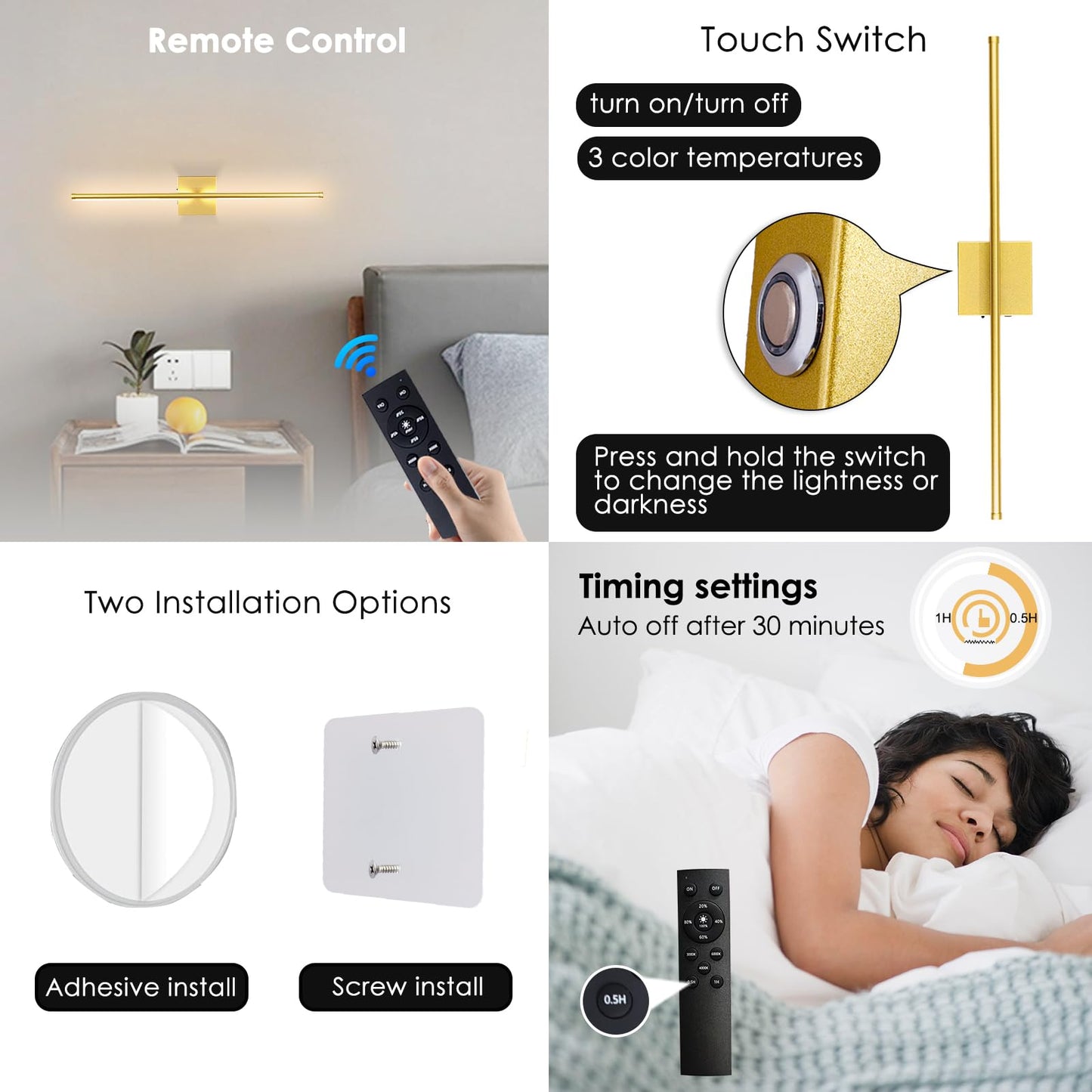 LED Wireless Wall Sconce with Remote Control (Set of Two), USB Rechargeable Battery Powered Indoor Wall Lamps, Dimmable, 360° Rotate,Timing, 28.3 inch Gold Wall Lights for Hallway/Living Room/Bedroom