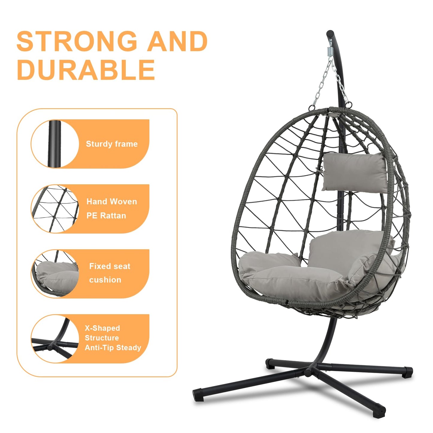 Hanging Egg Chair with Stand Egg Chair Indoor Outdoor, Patio Swing Hammock Egg Chairs, UV Resistant Removable & Washable Thicken Padded Cushions, 350LBS Capacity for Bedroom, Balcony, Garden, Grey
