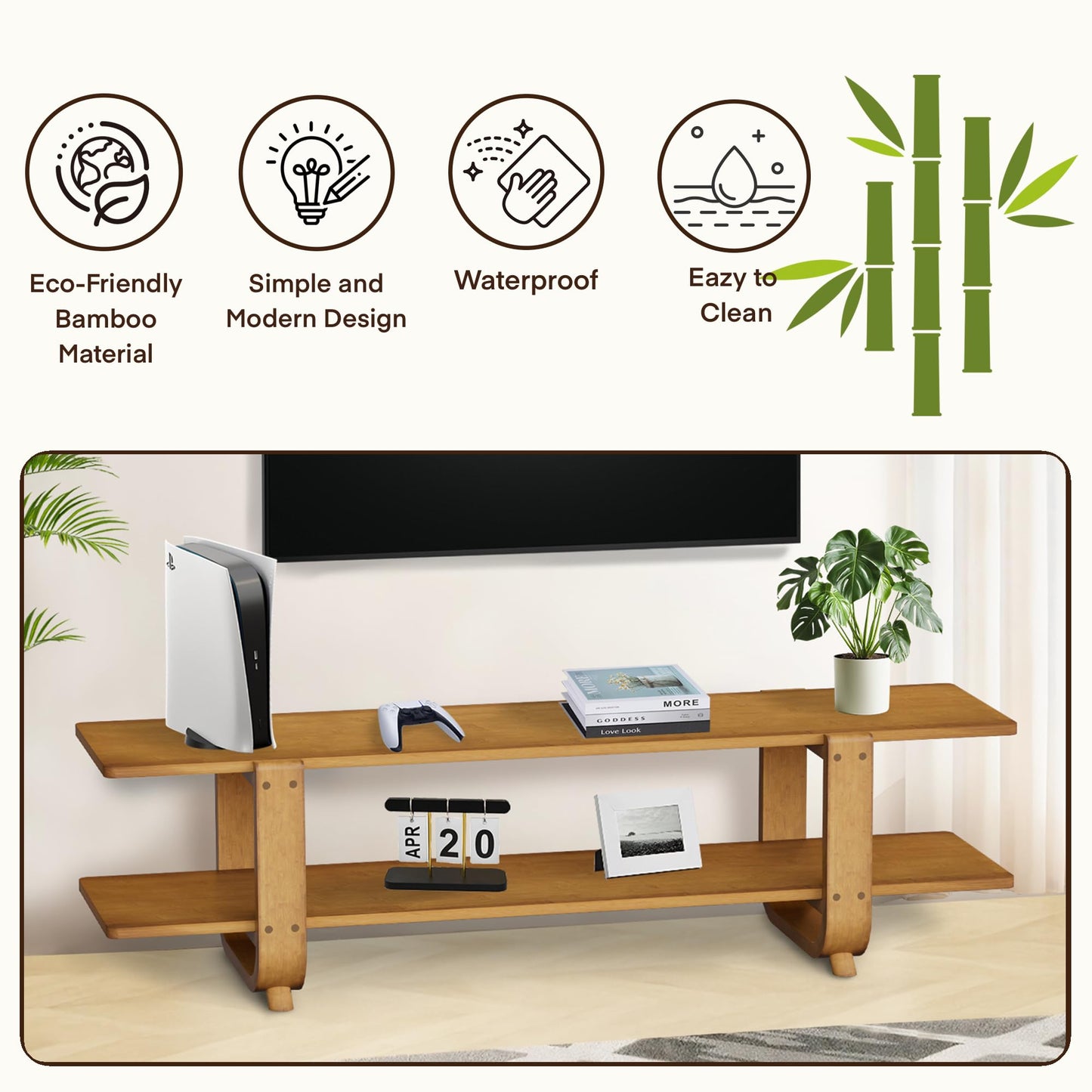 Mordchil HF Bamboo TV Stand for TVs up to 65", Accent Entertainment Center with Storage, Media Console Table with Shelf, Modern TV Stand for Living Room, Bedroom, 55"(L), Walnut