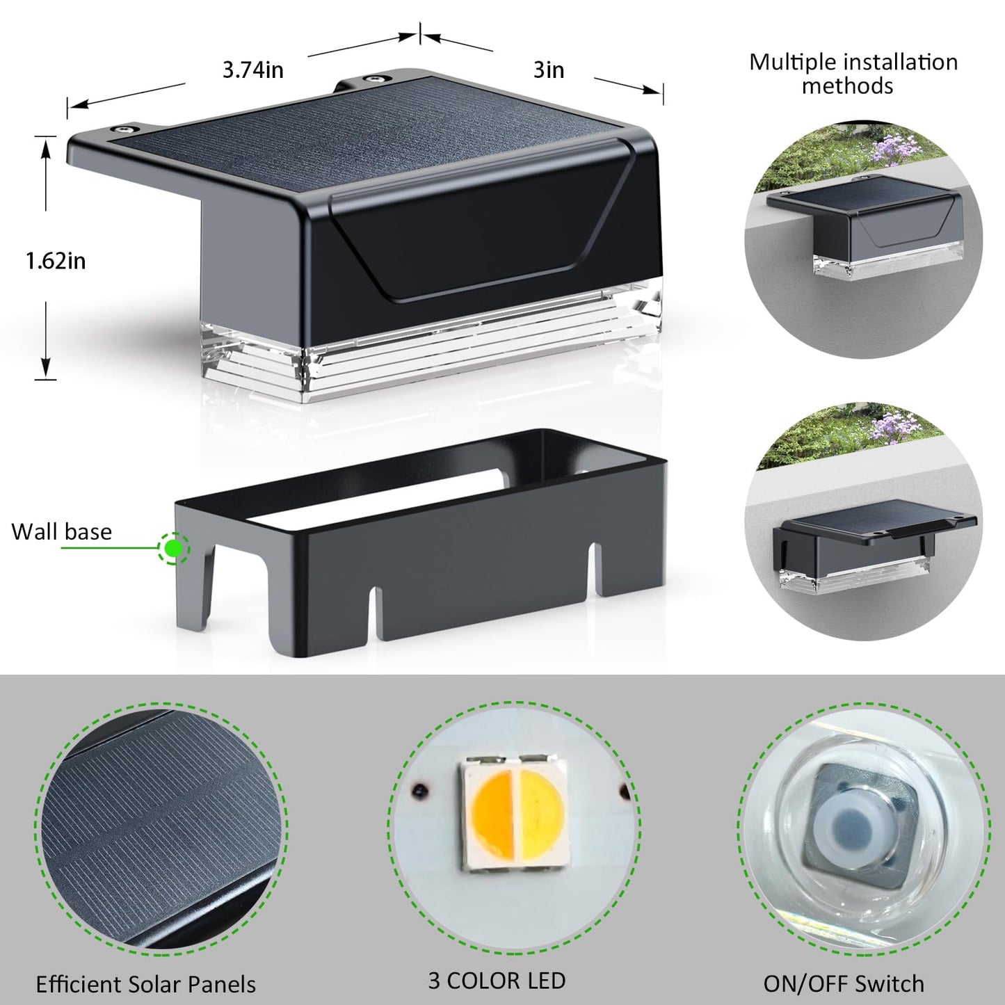 Solar Fence Lights Outdoor - 3000/4000/6000K 3 Mode, IP65 Waterproof Fence Lights Solar Powered, Dusk to Dawn Solar Light for Outside, Backyard/Step/Patio/Deck/Stair Railings and Wall (8 Pack)