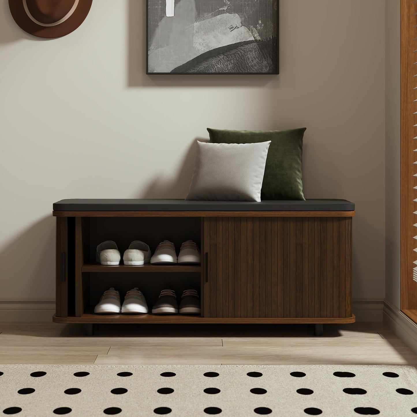 Shoe Storage Bench with Upholstered for Entryway Bedroom, 8 Pairs Wood Shoe Rack Benches with Padded Seat Cushion and Fluted Door for Living Room Hallway Entrance, Rustic Brown Black
