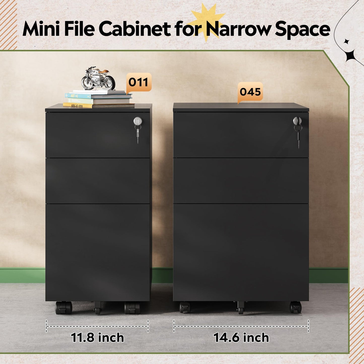 DEVAISE 3 Drawer File Cabinet with Lock, Metal Rolling Filing Cabinets for Home Office, Small Under Desk Cabinet with Slim Width (11.8 inch), Black