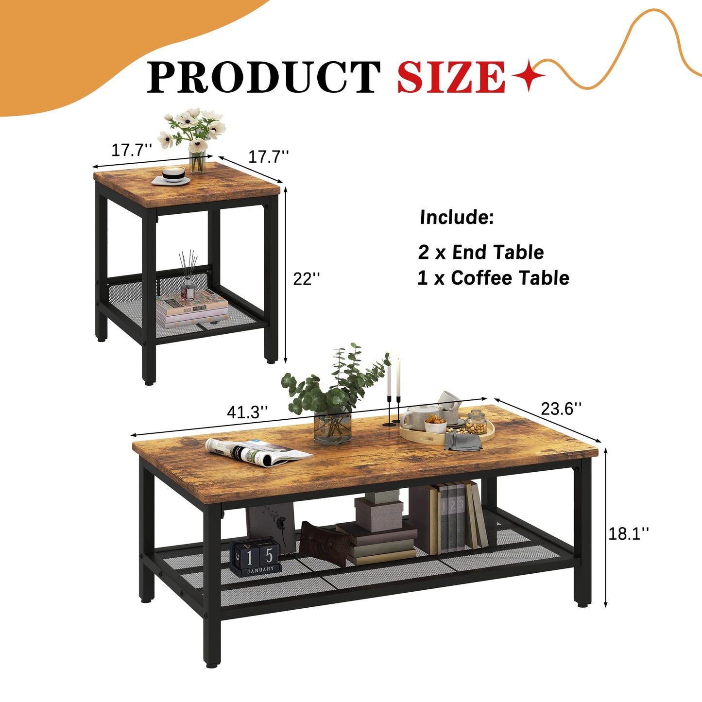 furlinkhm Coffee Table Set of 3, Industrial Coffee Table with 2 Square End Side Tables, Modern Living Room Table Set, with Metal Frame, for Apartment Home Office, Brown