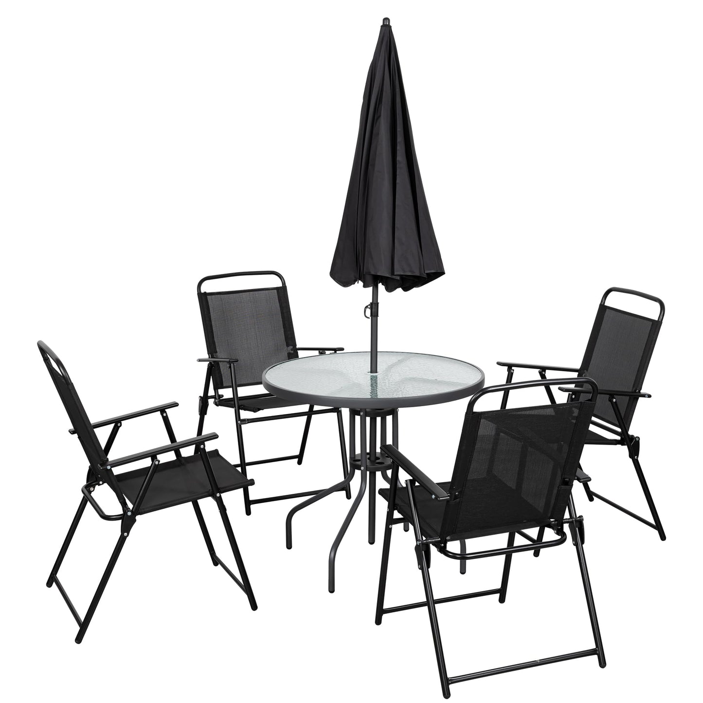Shintenchi 6 Piece Patio Dining Set with Umbrella, Outdoor Furniture Set with 4 Folding Chairs and Tempered Glass Top Dining Table fot Lawn Backyard Garden Porch Black
