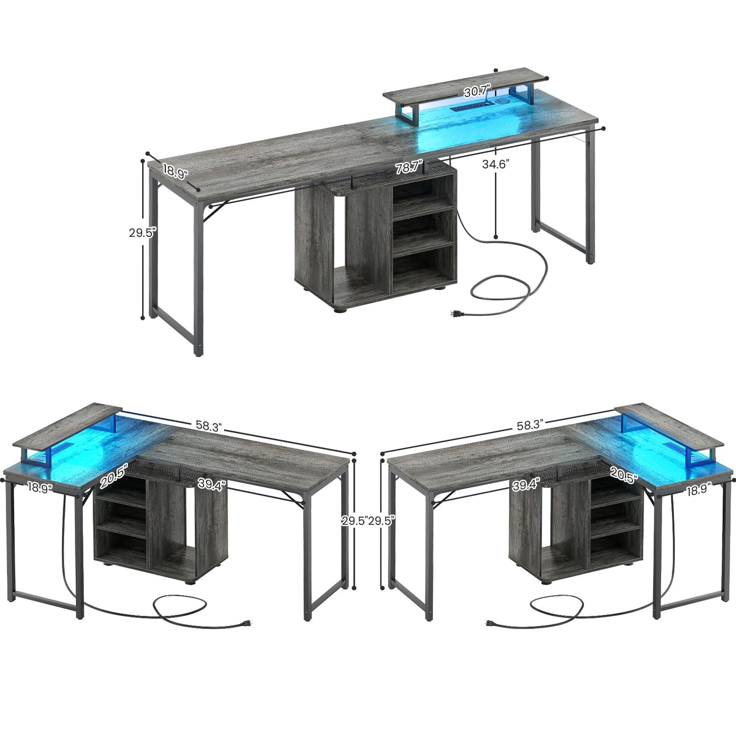 Cyclysio L Shaped Gaming Desk with Wood Cabinet, 58" Large Corner Desk with LED Lights & Power Outlet, Reversible Computer Desks with Computer Tower Stand, 2 Person Desks for Home Office, Grey
