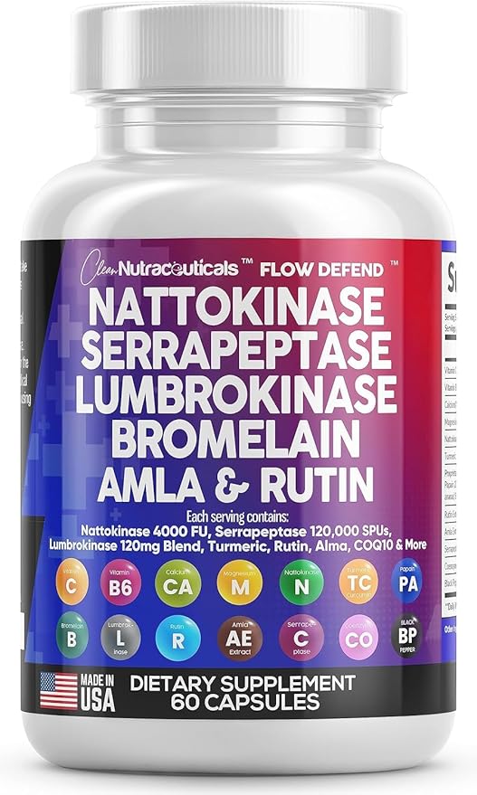 Clean Nutraceuticals Nattokinase 4000 FU Serrapeptase 120000 SPU Lumbrokinase Enzyme Supplement with Bromelain Papain Papaya Enzymes Rutin Extract Amla Magnesium Vitamin B6 & VIT C Capsules - 3Pack