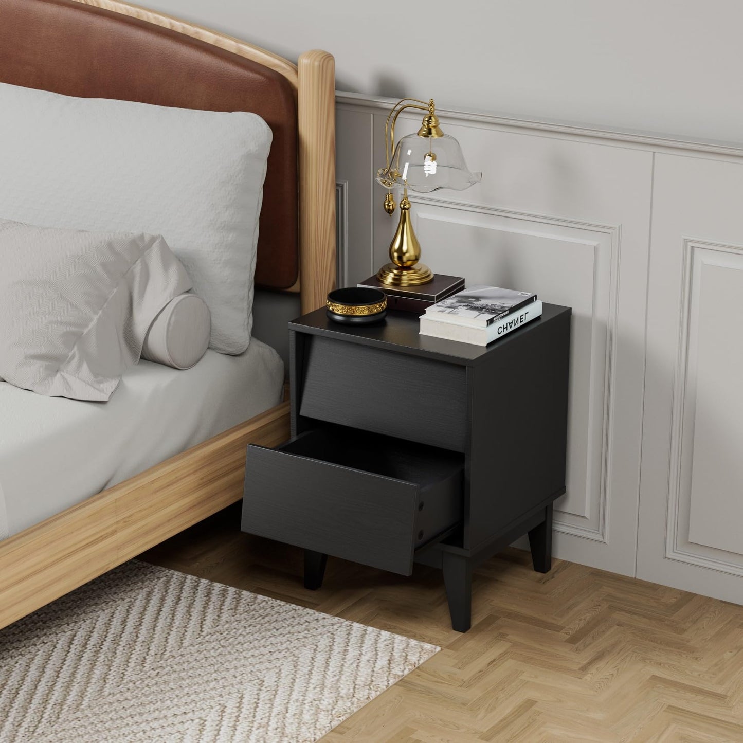 2 Set Nightstands with Beveled Design, Mid-Century Modern Bedside Tables with Solid Wood Legs for Bedroom Living Room, Black