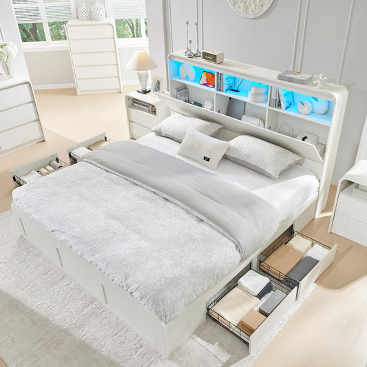 Aitjunz Modern King Size Bed Frame with 50" Tall Storage Headboard, Wood King Size Platform Bed Frame w/4 Drawers, Curved Profile Design, LED Light,Charging Station,No Box Spring Needed,Antique White