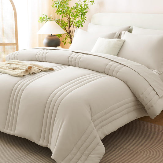 CozyLux Queen Comforter Set - 7 Pieces Bed in a Bag Beige Comforters Queen Size Bed Set, Soft Bedding Set with All Seasons Comforter, Sheets, Pillowcases & Shams