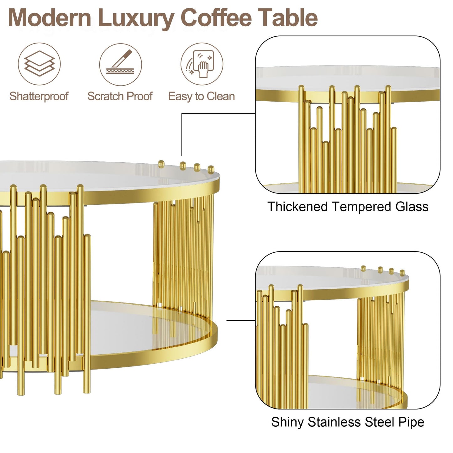Glass Coffee Table Round Modern Living Room Table, Gold Stainless Steel Metal Leg Clear Tempered Glass, Sofa Center Tables Furniture for Home Office, Gold
