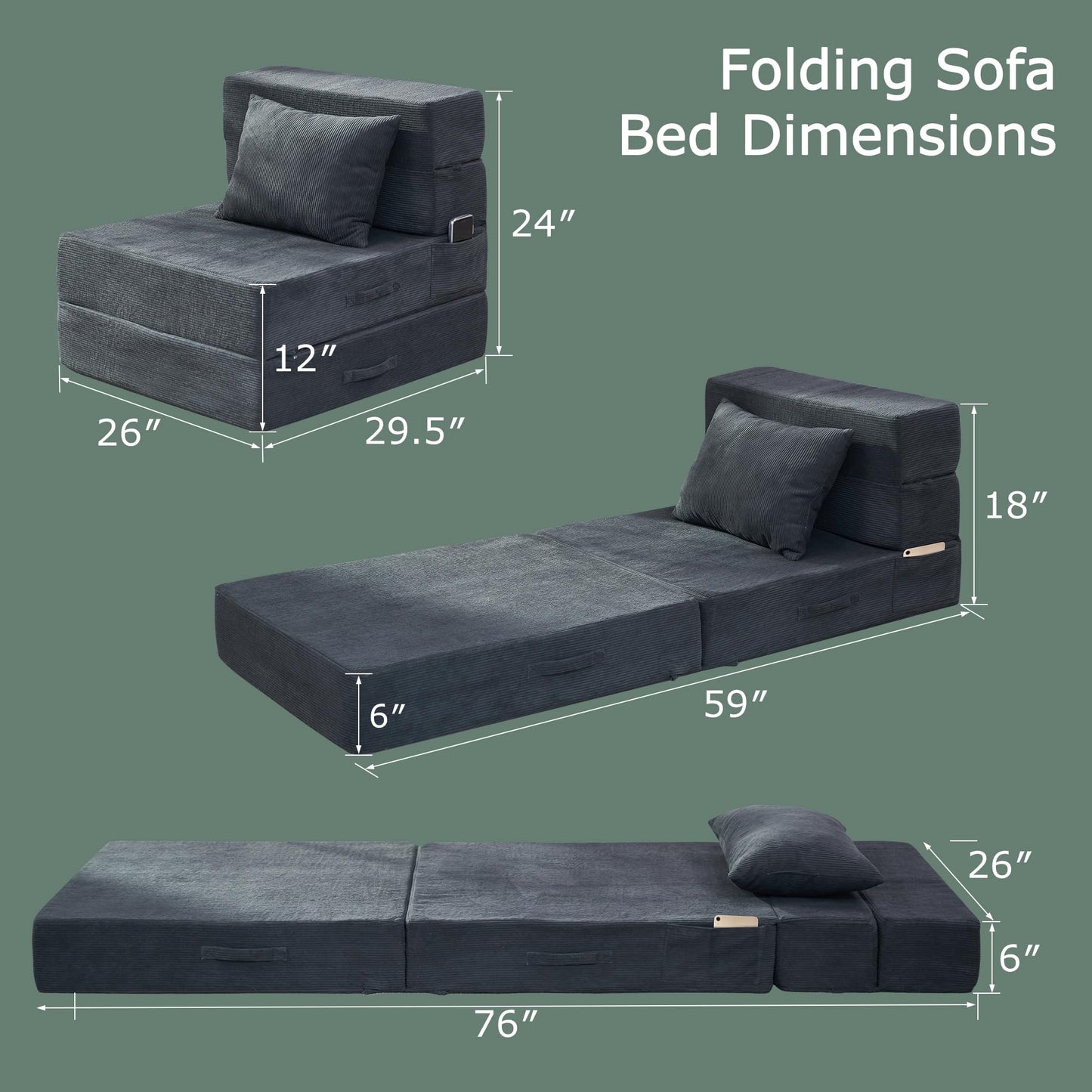 HILERO Folding Sofa Bed, 4 in 1 Convertible Sleeper Chair with Pillow, Single Memory Foam Fold Out Chair Bed, Modern Floor Futon Sofa Couch Mattress for Living Room/Guest/Apartment, Dark Grey