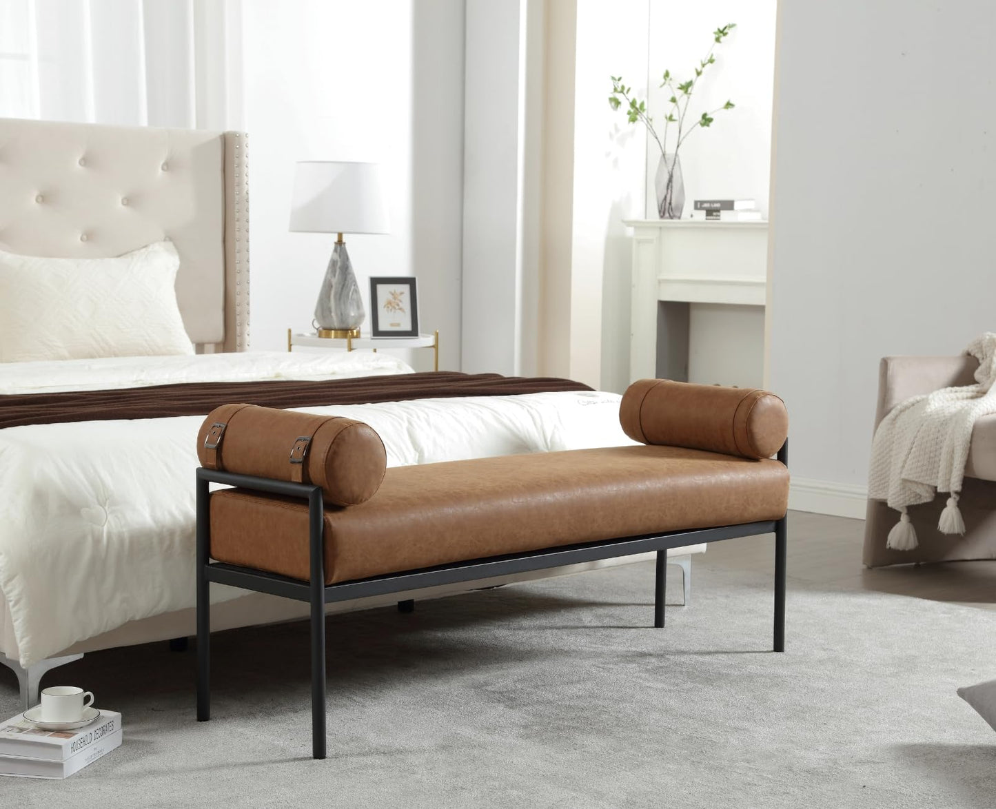 ROCITY Leather Bed Bench 55 Inch Long Bedroom Bench Padded Upholstered Ottoman Bench with Removable Pillows Modern Rectangle Entryway Bench Seat for Living Room/Foyer, Brown