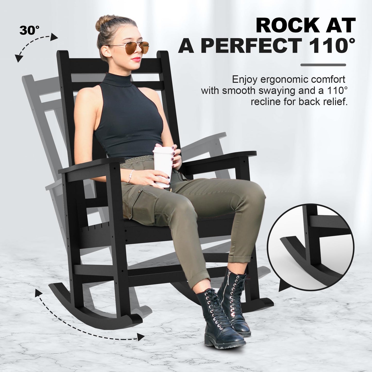 Outdoor HDPE Rocking Chairs Set of 2, HDPE Oversized Patio Rocking Chairs, All Weather Resistant Porch Rocker, Heavy Duty Front Plastic Rockers for Outside