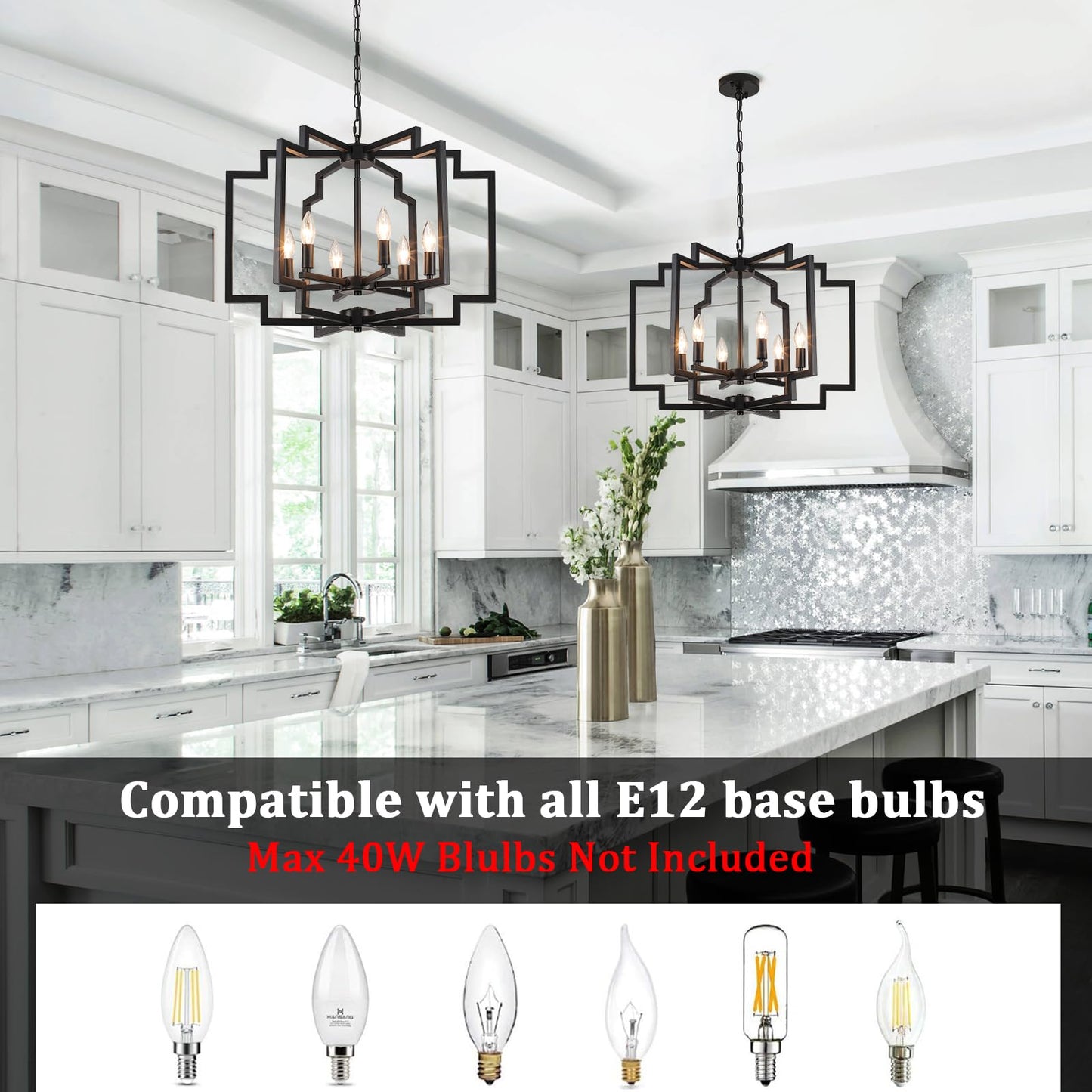 ASHUAQI 6-Lights Black Chandelier for Dining Room, Modern Farmhouse Chandelier Over Table, Geometric Metal Hanging Light Fixture for Kitchen Island Living Room Entryway Foyer Hallway