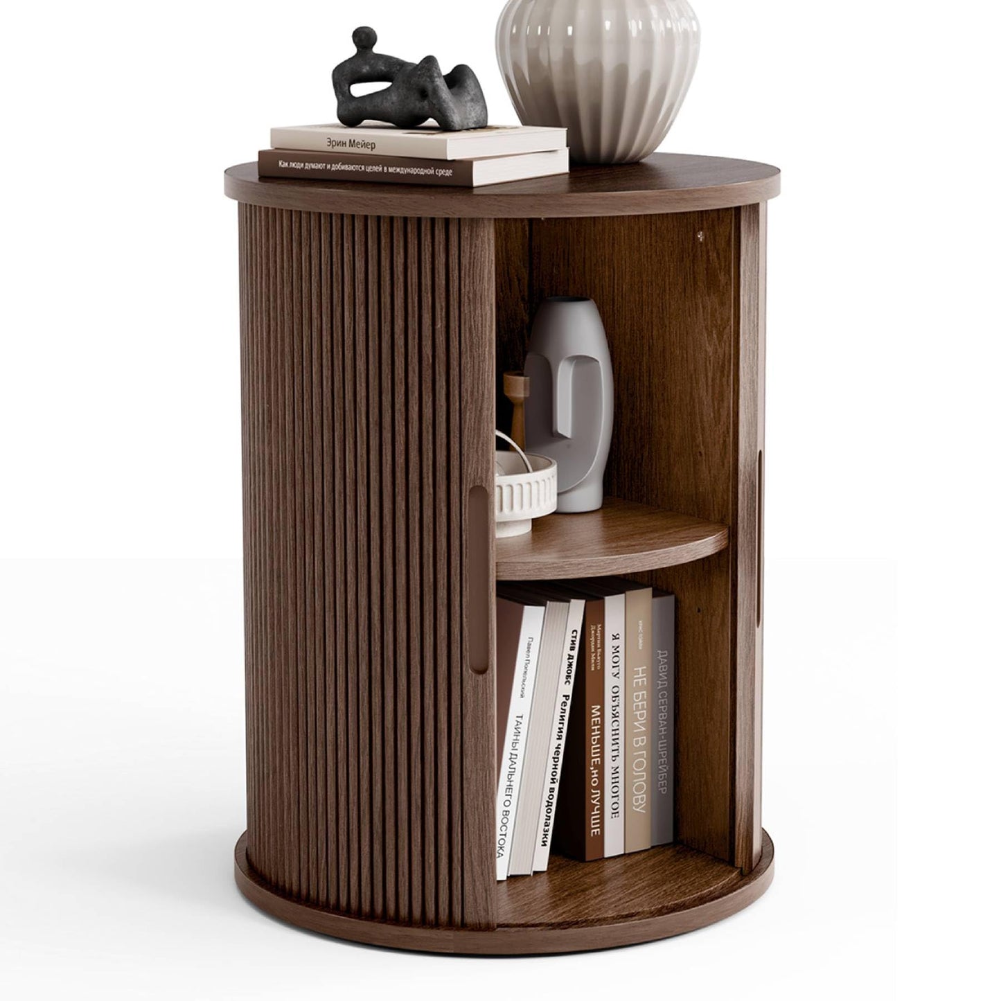 LINSY HOME Round Fluted End Table, Tall Side Table with Sliding Tambour Door and Storage Shelf, Modern Bedside Table, Mid-Century Nightstand for Living Room, Bedroom, Walnut