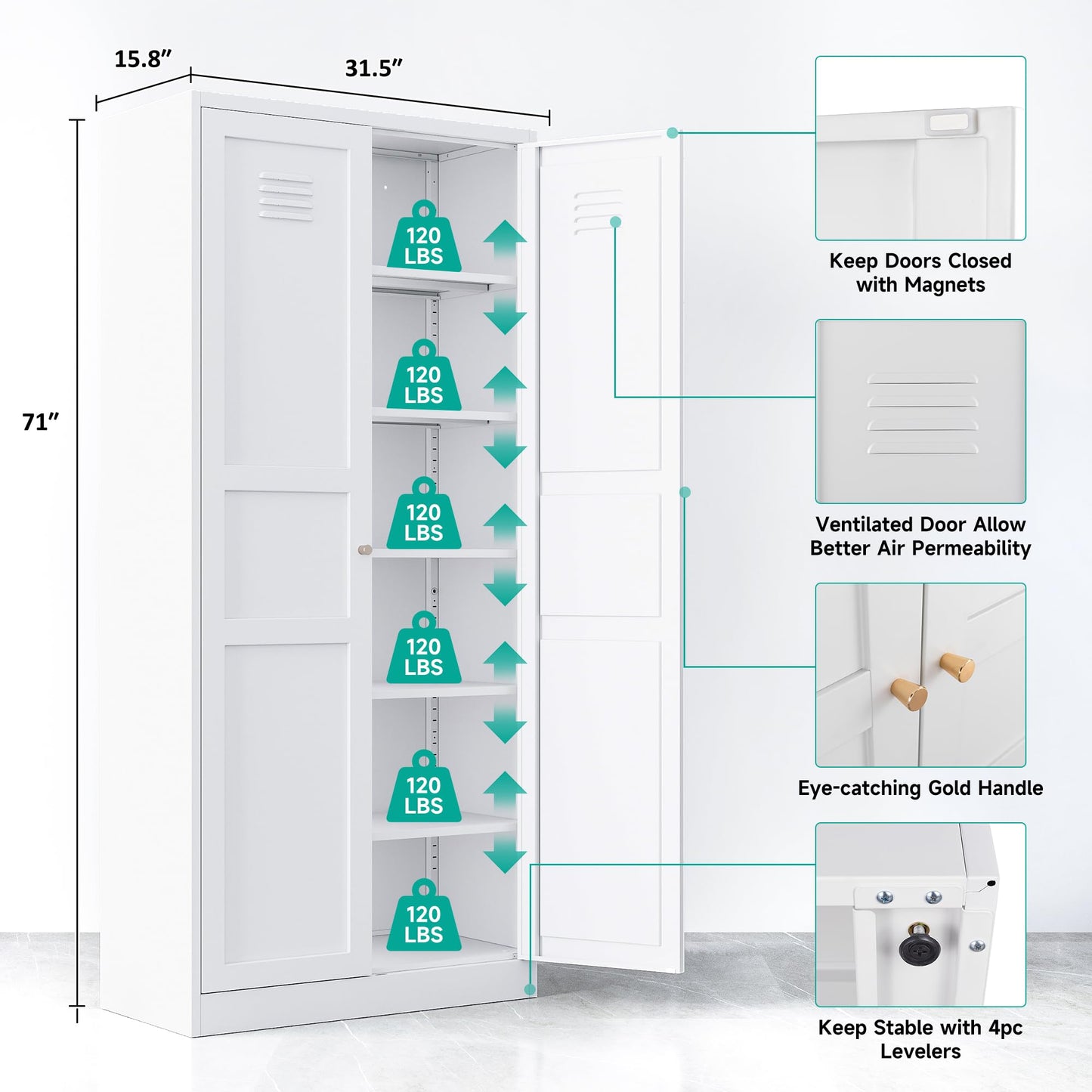 SISESOL White Metal Storage Cabinet,71" Tall Pantry Cabinet,Kitchen Pantry Storage Cabinets with 2 Doors and 6 Shelves,Wide Deep Food Cupboard for Home,Kitchen,Dining/Living Room