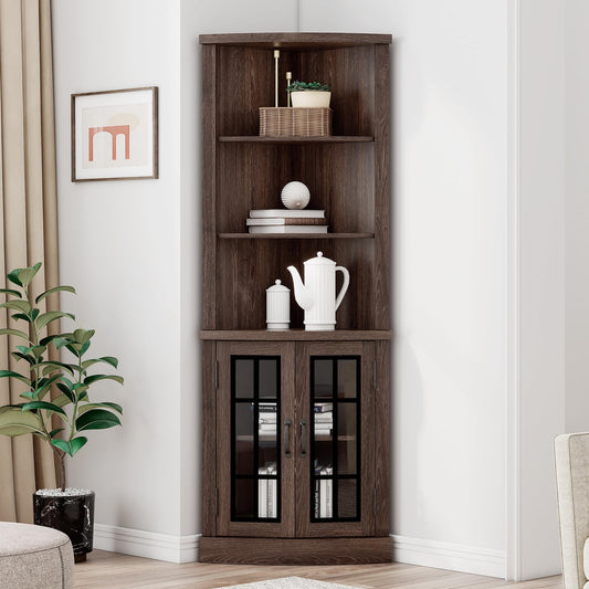 AMERLIFE Curved Corner Storage Cabinet, 65" Tall Freestanding Bookcase with Glass Doors & Adjustable Shelves, 5-Tier Corner Display Cabinet for Living Room, Bathroom, Laundry Room, Espresso