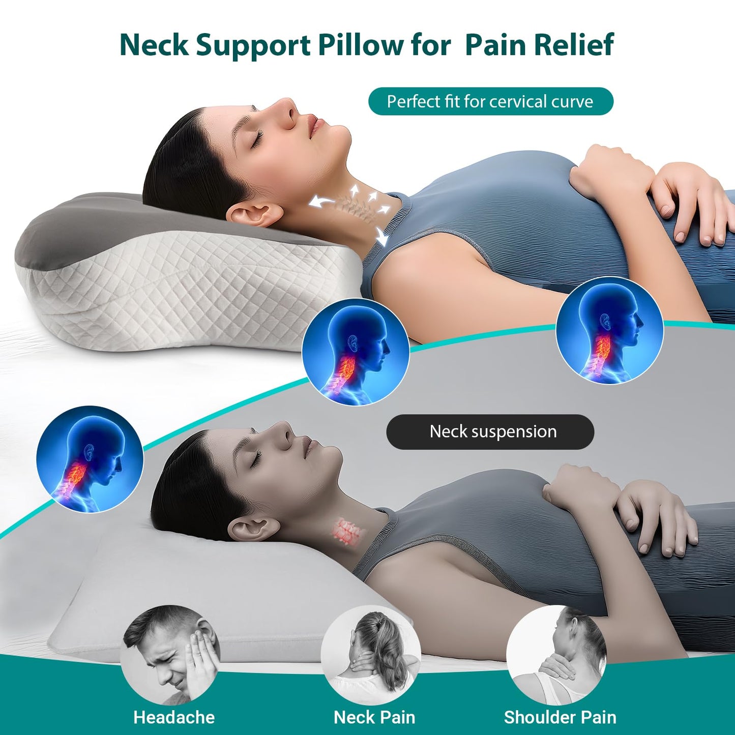 Cervical Pillow for Neck and Shoulder Pain Relief, Ergonomic Side Sleeper Pillow for Back Stomach Sleeping, Memory Foam Contour Neck Support Pillows with Cooling Pillowcase (Grey)