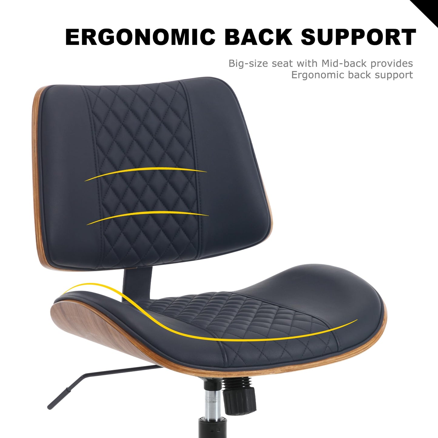 BV Small Desk Chair, Mid Century Office Chair with Bentwood Back, Armless Task Swivel Chair with Wheels, Mid Back No Arms, Faux Leather Office Chairs for Small Space, Black