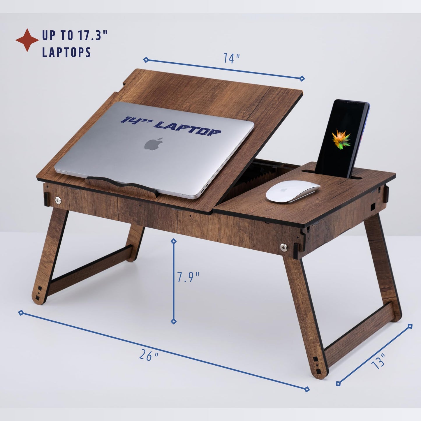 Vigo Wood Laptop Stand for Bed, Adjustable Laptop Lap Desk and Lap Tray with Built-in Storage, Foldable and Ergonomic Design for Reading, Writing, and Working (Walnut)
