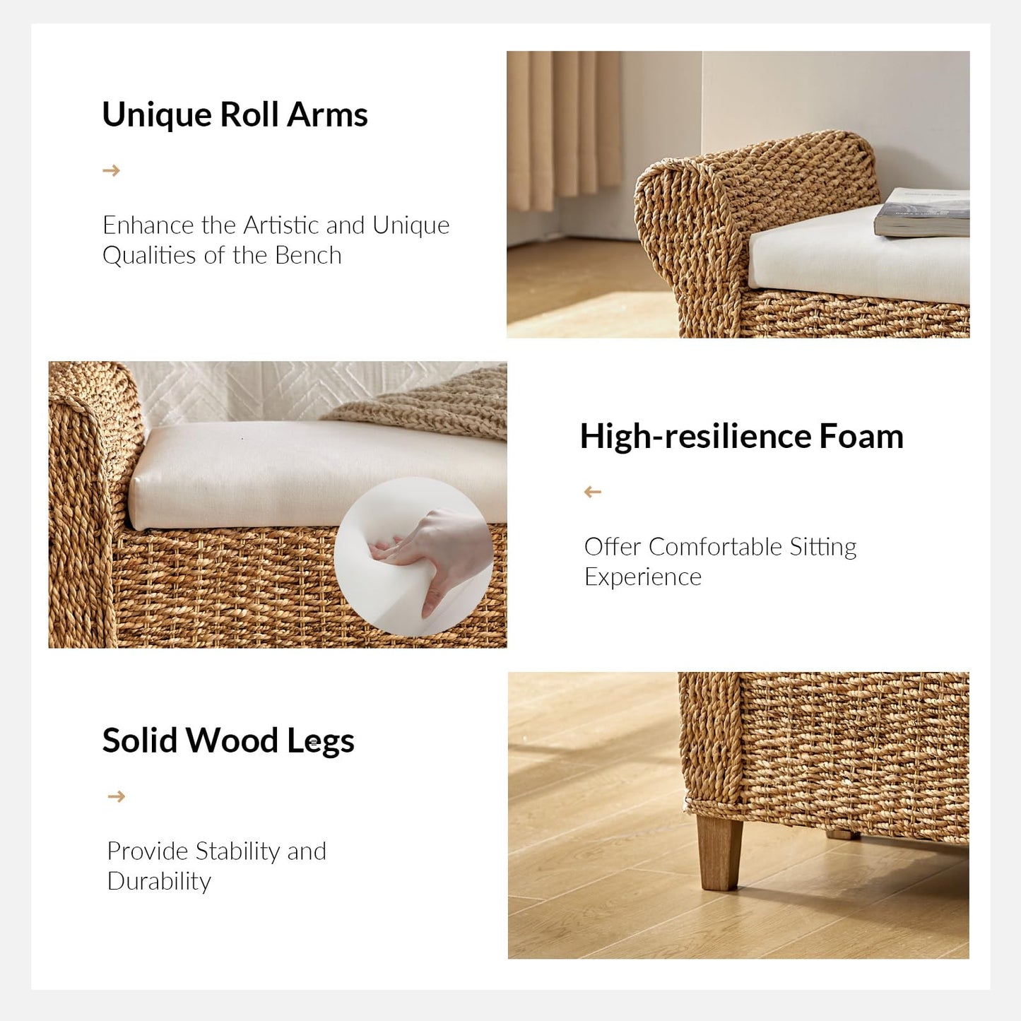 HULALA HOME Rattan Storage Bench, Rattan Upholstered End of Bed Bench with Roll Arm & Solid Wood Legs, Natural