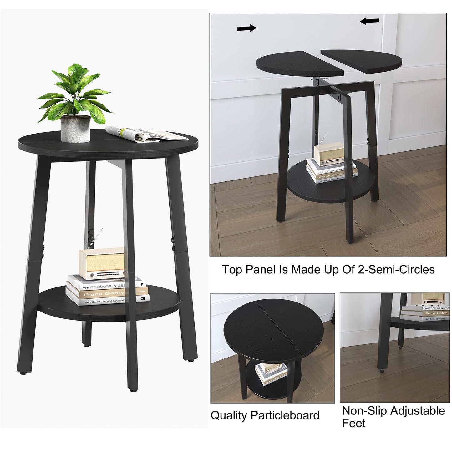 sthmec Side Table Set of 2, Small Round End Table with Storage Shelf for Small Space, 2-Tier Black Bedside Table Sofa Couch Table, Nighstands Set of 2 Accent Table for Living Room, Bedroom, Black
