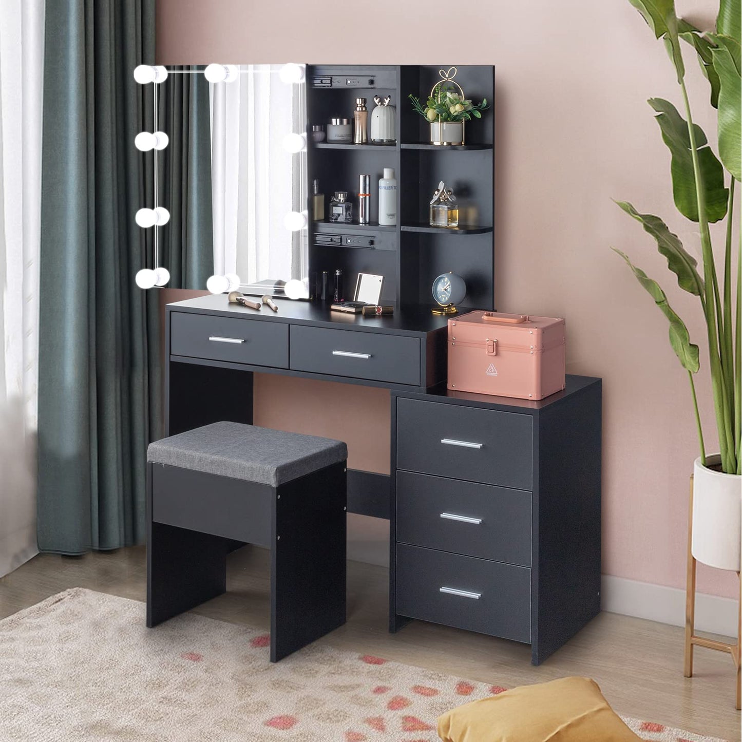 Karl home Lighted Vanity Desk with Sliding Mirror Black Makeup Table with 5 Drawers, Storage Shelves, Cushioned Stool, LED Dressing Table Set for Women