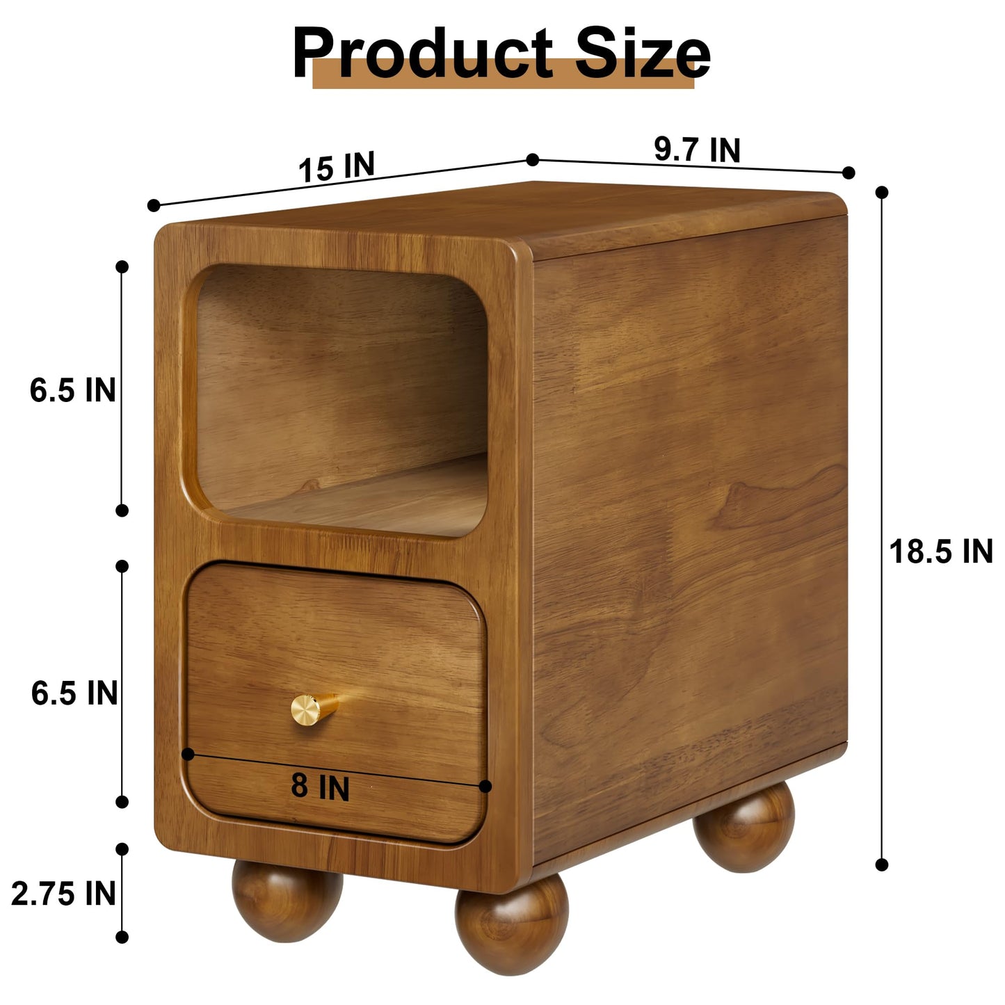 Solid Wood Nightstand, Narrow Night Stand with Drawers, Walnut Mid Century Modern Nightstand, Small Beside Table with Open Storage Shelf for Bedroom (10 inch)
