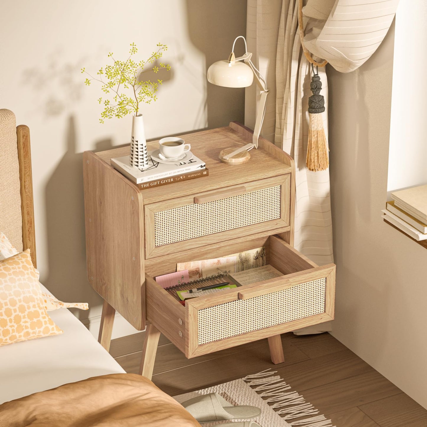 Lerliuo Rattan Nightstands Set of 2, Boho Night Stand with 2 Drawers, Cane Accent Side End Table, Bedside Table with Solid Wood Legs for Bedroom, Dorm and Small Spaces (Natural)